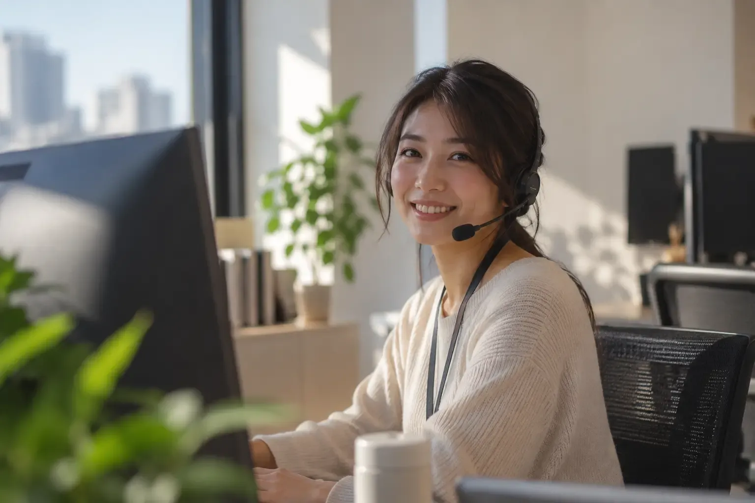 Someone at an office desk wearing a phone headset, turning to the camera