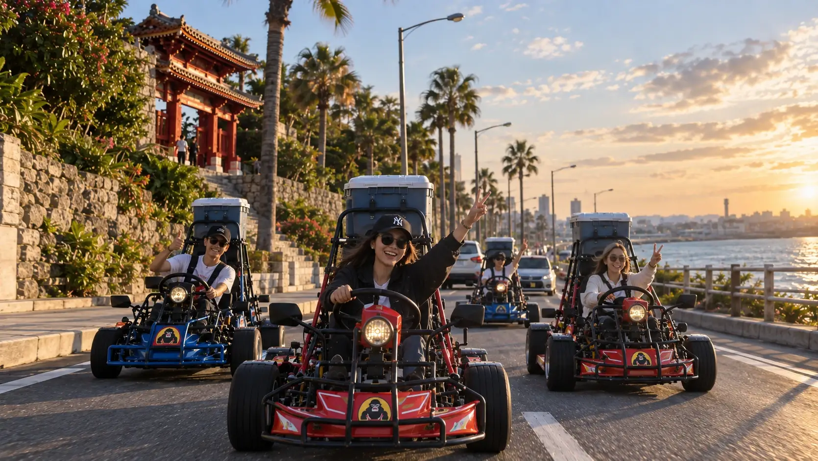 Cuatro karts de Gorilla Kart en convoy avanzando hacia la cámara por una carretera de la costa en Naha, Okinawa, al atardecer, con los conductores saludando y haciendo la señal de la victoria, palmeras y un torii rojo a un lado