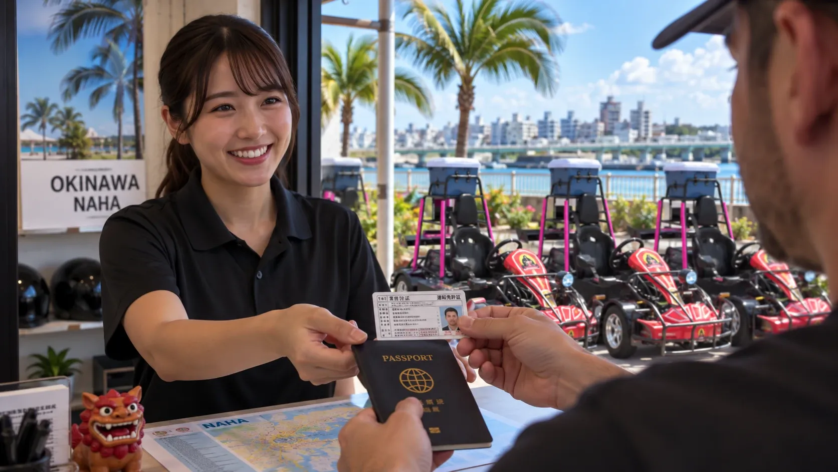 พนักงาน Gorilla Kart ยื่นพาสปอร์ตและใบขับขี่คืนให้ผู้ขับที่เคาน์เตอร์ โดยมีคาร์ทจอดเรียงอยู่ด้านนอก