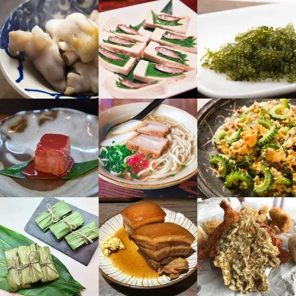 Nine Okinawan dishes in a grid, among them Okinawa soba, goya champuru, rafute braised pork belly and sea grapes