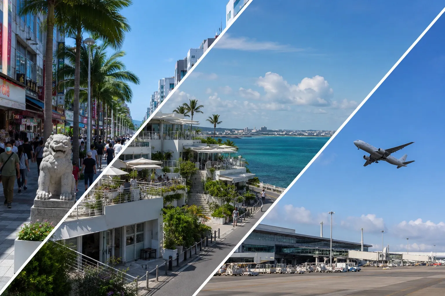 Kokusai Dori, Umikaji Terrace above the sea on Senagajima, and a jet over Naha Airport